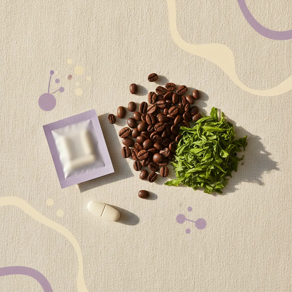 Natürliche Zutaten: Kaffeebohnen, Grünteeblätter, Sachet-Packung und Vitamin-B-Tabletten - Grüntee-Extrakt Wellness täglich